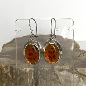 VTG Sterling Silver 925 Oval Baltic Amber Dangle Drop Kidney Wire Earrings